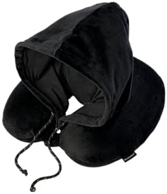 Brookstone Neck Travel Pillow - U-Shaped Memory Foam Hooded Neck Pillow with Snap Closure for Sleeping Airplane Car Travels, Size One Size, Black