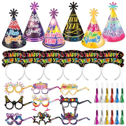 DPKOW Silvester Deko 2026 Party Set Partyhüte Silvester Haarreif Partybrille Silvester Fransenbläser für Deko Silvester Party 2026 Silvester Outfit Damen Männer Silvester Foto Requisiten,42 Stück