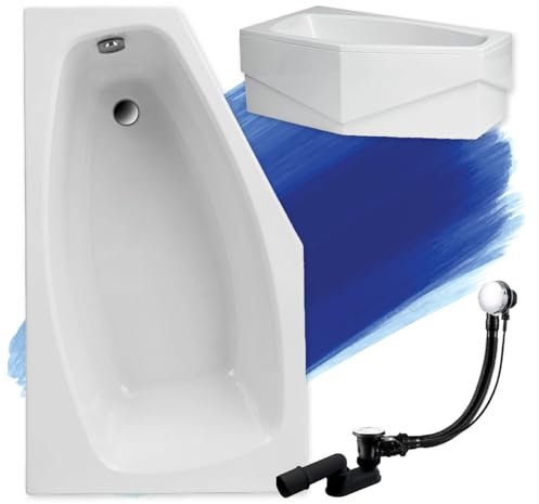 Baignoire d'angle Marika originale blanche en acrylique - 140 x 80 cm - Kit complet avec tablier en acrylique blanc + pieds et bonde automatique exclusive chromée - Fabriqué en UE - 4 en 1