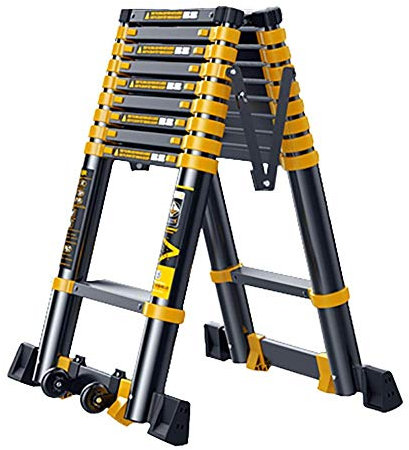 YHQKJ Outdoor-Haushaltsleiter, tragbare Teleskop-Auszugsleitern für Dachbodentreppen, professionelle ausziehbare Leiter mit stabilisierenden Stangenrädern, Gelb, 3,9 m/12,8 ft Needed