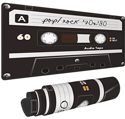 Schwarze Retro-Musikkassette, DJ-Audio-Kassette, Plattenspieler, Gaming-Tastatur, Mauspad, riesige, verlängerte XL-genähte Kanten, Gummisohle für Zuhause Office (80 x 30 cm)