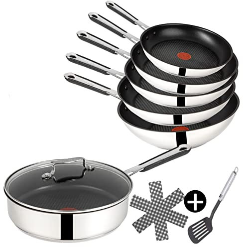Tefal E30 Jamie Oliver Pfannen-Set Induktion 9 tlg -SET19- Schmorpfanne mit Deckel 25 cm , Wok mit Deckel 28 cm, Pfanne 28cm, 24cm, 20cm, IDEAL FÜR GROßHAUSHALTE, Wokpfanne Set, Silber