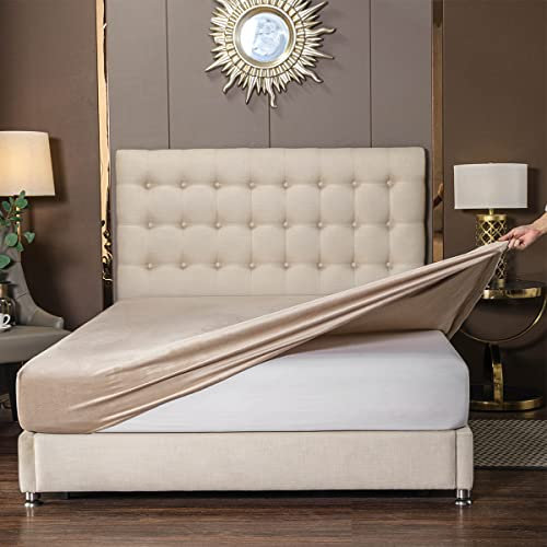 Soifox Jersey Warm Spannbettlaken 180x200cm bis 200x200 Plüsch Fleece Samtweich Kuschelig Flauschig Cashmere Touch Bettlaken Sandbeige mit Gummizug