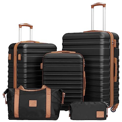COOLIFE Suitcase Trolley Carry On Hand Cabin Luggage Hard Shell Travel Bag Lightweight with TSA Lock, Included 1pcs Travel Bag and 1pcs Toiletry Bag (Black/Brown, 5 Piece Set)