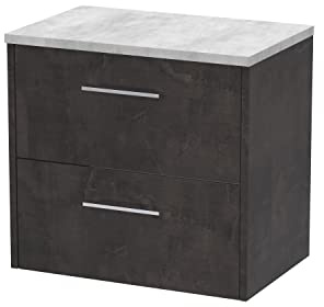 Hudson Reed JNU2624LBG Juno Modern Bathroom Wall Hung 2 Drawer Countertop Vanity & Laminate Worktop, 600mm, Matt Metallic Slate/Bellato Grey