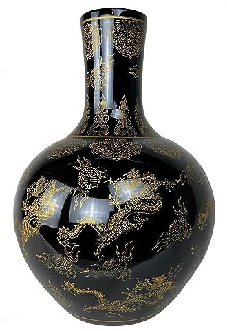 Fine Asianliving Vase Chinois Noir Dragons Doré Fait Main D41xH57cm Chinois Vase avec Couvercle Asiatique Jingdezhen Mandarin Décorative