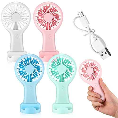 Woanger 4 Pcs Mini Handheld Fan Bulk Battery Operated Small Fans with Data Cable and Mounting Base Portable USB Electric Fan Small Rechargeable Quiet Pocket Fan Summer Gift Outdoor Travel Tool