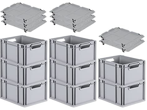 PROREGAL SuperSparSet 8x Eurobox NextGen Grip mit Auflagedeckel & 4 schwarzen Schiebeschnappverschlüssen, HxBxT 22x30x40cm, 20 L, Grau, Griffe offen, Eurobehälter, Transportbox
