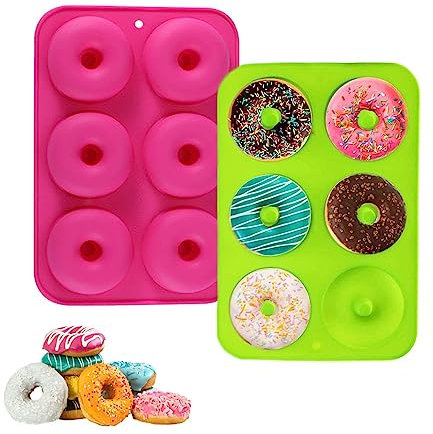 2 Stück Silikon Donut Formen - 6 Hohlräume Donut Backform Antihaft Backblech, Silikon Backform, Donuts Backform für Kuchen, Kekse, Bagels, Muffins, Grün und Rosa