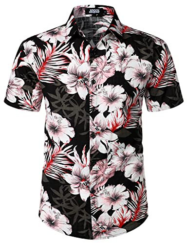 JOGAL Mens Flowers Casual Aloha Hawaiian Shirt Short Sleeve Beach Shirt PeachHibi X-Large