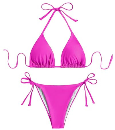 Maillots de Bain avec Rembourrage pour Femme Bikini Rembourré Classique Réglable Halter Triangle Top de Bikini de Plage avec Taille Basse String Bas de Bikini,Taille Unique Les Roses