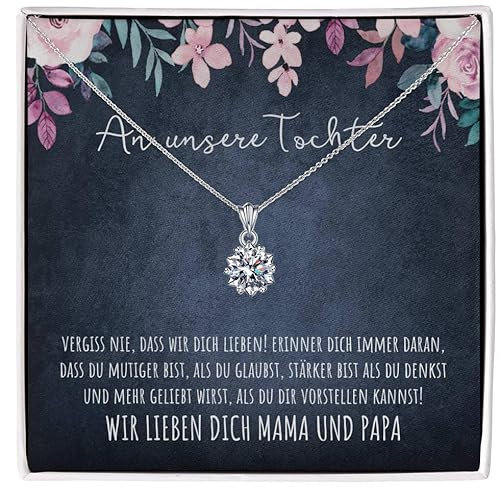 BYLITZ An unsere Tochter 925 Silber Halskette mit Spruch und Geschenkbox An meine Tochter Kette mit personalisierter Karte zum Geburtstag Weihnachten von Papa Mama Eltern (M6-1 Karat)