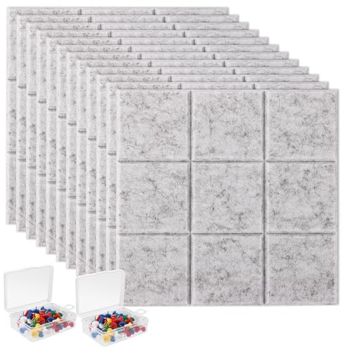 GBACHOOSE 12 Pcs Felt Board Tiles, 30x30cm Self Adhesive Felt Pin Board with 50 Pins, Square Felts Notice Boards for Office Home Walls, Grey