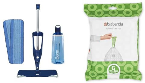 Bona Premium Spray Mops for Floors, Wood, Bona Floor Mops for Cleaning Floors & Brabantia Bin Liners, Size G, 23-30 L - 40 Bags ,White,375668