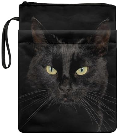 Binienty Black Cat Book Sleeve Cover, Book Covers for Paperback, Reusable Portable Textbook Protector with Zipper and Front Pockets for School Teacher Students