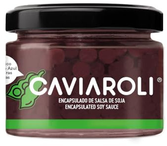 Sojasoße. Gourmet-Sojasaucenperlen zum Dressing oder zur Dekoration, Glas 50 g. Kugeln aus Sojasauce in der Flüssigkeit, die im Mund zerplatzen, wenn man hineinbeißt.Umami-Geschmack.