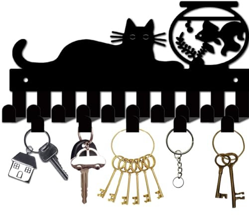 CREATCABIN Cat Key Holder Black Fish Bowl Key Hooks Wall Mounted Key Hooks Metal Key Hangers Holder Key Hanging Organizer Rack Wall Decorative for Keychain Entryway Front Door 10.6 x 5.1Inch