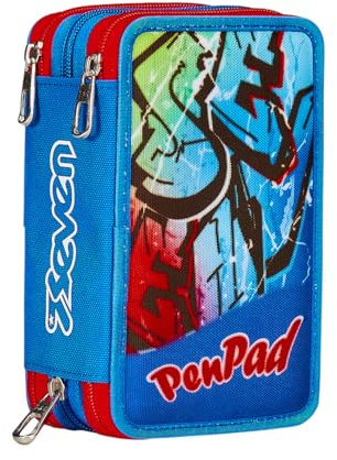 Seven Pen Pad Federmäppchen, Mäppchen, Mehrfarbig, Federtasche für Schreibwaren, Etui mit Stiften, Kugelschreiber, & mehr, 3 Fächer, Mädchen & Jungen, Schule - Grundschule, rot-blau