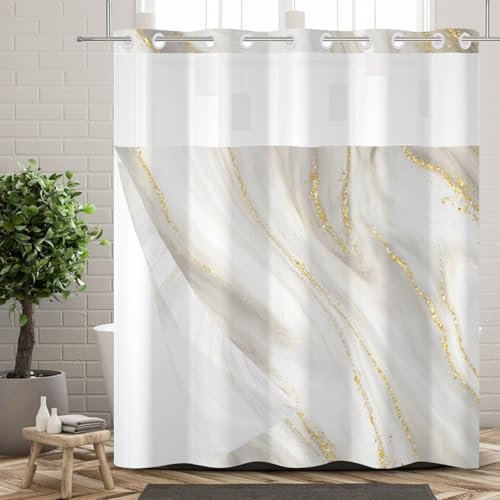 Ttincceer Rideau de Douche sans Crochet avec Doublure en Tissu encliquetable Gris Or marbre Crochet Rideau de Douche Gratuit imperméable Luxe Double Couche Rideau de Salle de Bain 180x200cm