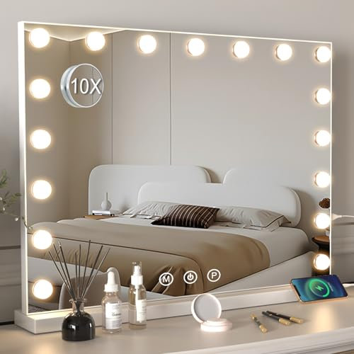 Dradaomull Schminkspiegel mit Beleuchtung, Hollywood Spiegel mit 17 Lampen, 3 Lichtfarben, Kosmetikspiegel mit USB und 10x-Lupe, Wandspiegel, Tischspiegel für Make up Spiegel (70x55cm)