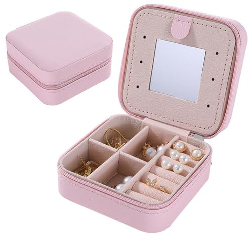Schmuckkästchen Reise, Schmuckkasten klein, Schmuckaufbewahrung tragbar, Schmuckgeschenk für Ringe, Ohrringe, Armbänder, Halsketten, Frauen und Mädchen, Geschenkidee (Rosa)
