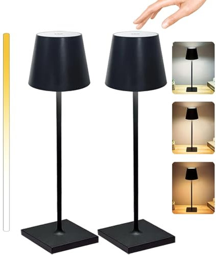 Rechargeable Lamp with 3 Color Modes, Metal Cordless Lamps Set of 2, Touch Dimming, Wireless, IP54 Waterproof, Rechargeable Table Lamp for Restaurant Bedroom Indoor Outdoor