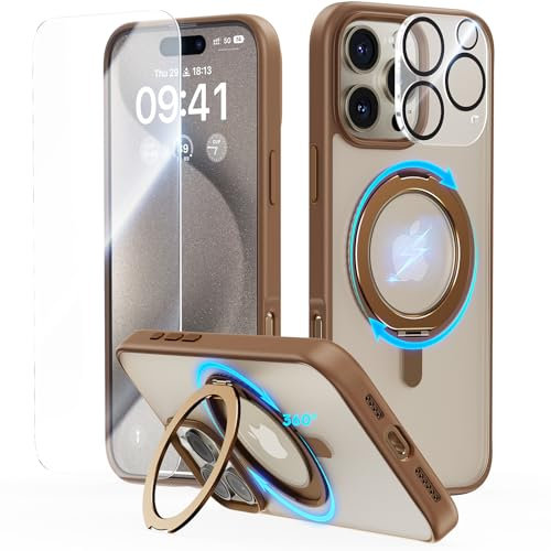 JUESHITUO for iPhone 16 Pro Max Case: 360° Spin Magnetic Stand, Full Camera Protection, Fit for MagSafe, Military Grade Shockproof Protective Phone Cover with Kickstand Ring Holder, Brown