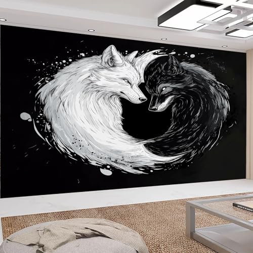 Panorama-Art Fototapete Tai Chi Yin und Yang Wolf 200 x 140cm Vlies Tapeten Teenager Moderne Wandtapete Wohnzimmer Schlafzimmer UV-Schutz