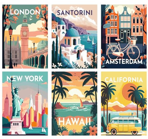 YALKIN Lot de 6 kits de peinture par numéros pour adultes, vue de la ville, peinture par numéros sur toile, sans cadre, peinture à l'huile acrylique, décoration murale d'intérieur, 20 x 30 cm