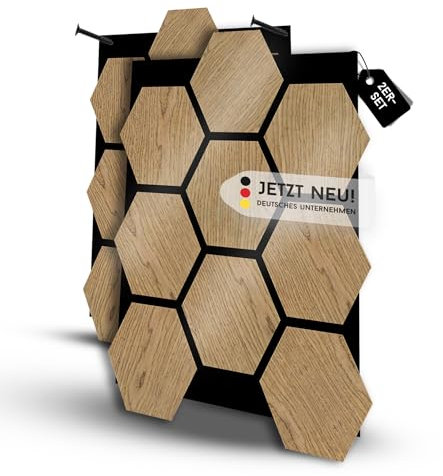 LAGELLA ® - Hexagon Akustikpaneele 2er Set 76cm x 62cm - Hochwertige Holz Wandpaneele - inkl. Schrauben - Lamellenwand mit Filz Schalldämmung für Wohnzimmer, Büro, Garderobe (Teak-Honigbraun)