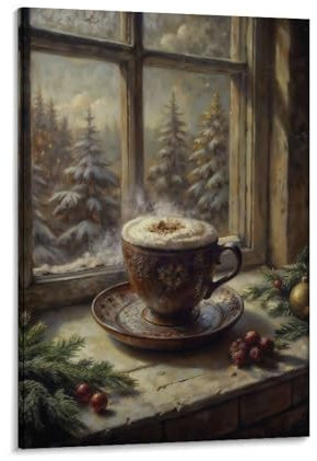 LZTEN Impression sur toile représentant une tasse de cappuccino - Noël foncé - Nature morte - Art mural - Peinture à l'huile - Décoration encadrée - 30,5 x 45,7 cm