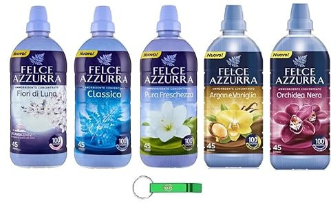 Felce Azzurra Pacchetto Test - Ammorbidente Concentrato - Profumo Concentrato - 45 lavaggi - 5 x 900 ml + Beni Culinari Portachiavi gratuito