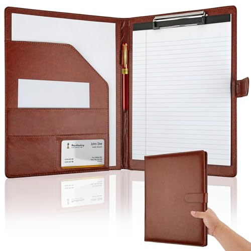 Professional Padfolio with Clipboard, Faux Leather Portfolio Folder Binder, Legal Pad Holder for A4 Letter Size Notepad, Resume, Writing Pad, Ideal Organizer for Business Office Conference (Brown)