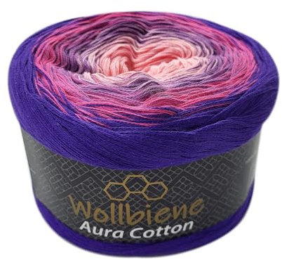 Wollbiene Farbverlaufsgarn 200g - 800m - 4 Fädig Bobbel Strickwolle Häkeln Bobbel Wolle Farbverlauf, 100% Baumwolle, Strickwolle Mehrfarbig (811 lila pink rosa)