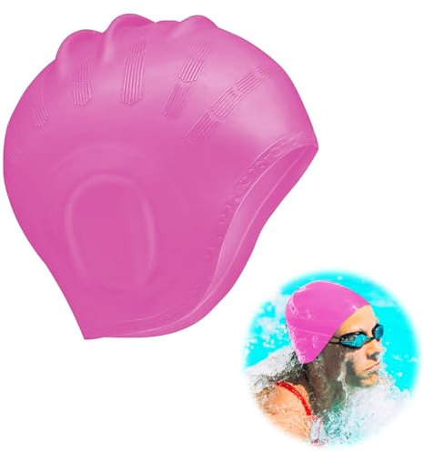 Cuffia Piscina per la Protezione delle Orecchie 3D, Cuffia Nuoto Donna Uomo, Cuffia Doccia Cuffia Arena Silicone Impermeabile, Cuffia Piscina Donna Capelli Lunghi e Corti (Rosa)