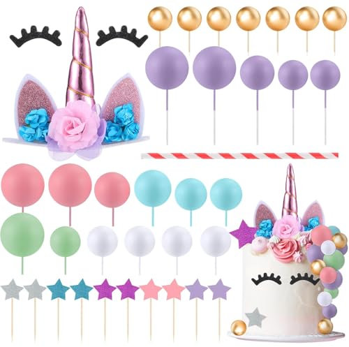 Camptrip 36-teiliges Einhorn Tortendeko für Kindergeburtstag – Enthält Einhorn Horn Fünfzackige Sterne Tortendeko kugeln– Unicorn Torten-Dekorationsset Mädchen für Baby Shower Taufen Geburtstagsfeiern