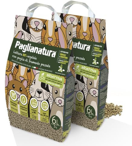 Paglianatura Kit 2 Pezzi - Lettiera Paglianatura Bioattiva per Roditori in Pellet 6mm, Naturale ed Ecologica - Assorbenza Elevata - 3kg/6 Litri
