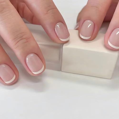 French Tip False Nails Short - 24Pcs Natural White French Tips Nail - Press on Nails Square - Full Cover Nude Stick on Nails for Women Girls Nails Art