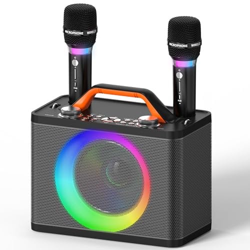 Karaoke per Adulti con 2 Microfoni Wireless RGB - Karaoke da 5200mAh con 10 Modalità RGB, Pannello di Controllo Indipendente, Karaoke Professionale Completo supporto AUX/USB/scheda TF/USB/COAX