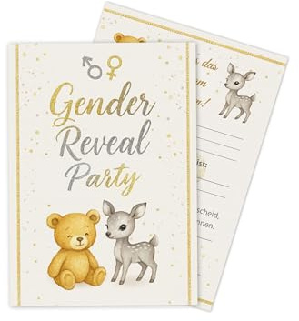 Limonia 20 Einladungskarten zur Gender Reveal Party – Stilvolle Einladungen für die Babyparty: Boy oder Girl? Perfekt für die Baby-Überraschungsparty - Gold und Silber, süße Tiere, festlich, elegant