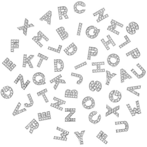 ZEYIYER 52 Pcs Letter Charms, 8mm A-Z Slide Letters Charm, Silver Alphabet Charms Full Rhinestone for DIY Bracelets Jewelry Making Necklaces Crafts
