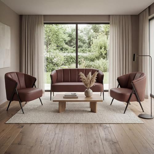 Mendler Wohnzimmer-Set HWC-P30 Metall - rostrot | 2er-Sofa, 2x Sessel, Vintage, Retro, Industrial, Kunstleder