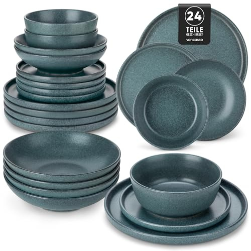 Geschirrset 6 Personen, vancasso ZERMATT 24tlg Steingut Geschirr Set | Teller Set Rauchiges Blaugrün, Modern Tafelservice mit Speiseteller, Suppenteller, Desserttellern Schüsseln