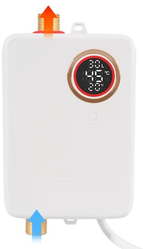 Elektronischer Durchlauferhitzer 220V 3500W, Küche elektrische Warmwasserbereiter Tankloser Mini-Warmwasserbereiter mit LED Temperaturanzeige und Stecker, Klein Durchlauferhitzer (Weiß)