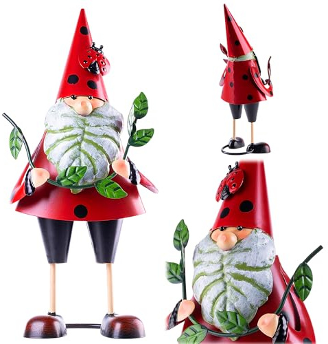 KADAX Gartenzwerg 30 cm mit Marienkäfer Design, Gartenfigur aus pulverbeschichtetem Stahl, Zwerge Figuren, Metall Dekofiguren für Garten, Gartendeko Figur