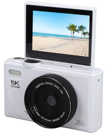 Jectse Appareil Photo sans Miroir 5K, Appareil Photo Numérique Rétro 75 MP avec Zoom Optique 18X, Mise au Point Automatique, écran Rabattable de 3 Pouces, Multi-stabilisation, pour Les (White)