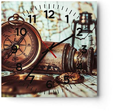 Modern Wanduhr Kompass Teleskop Abenteuer antik 40x40cm Quadrat Groß Wand Uhr Glas Analog Zimmeruhren Küche Büro Wohnzimmer Glasuhr Wall Clock Dekoration Design Wanddekoration Küchenuhr C4AC40x40-2946