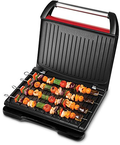 George Foreman 25050-56 Fitnessgrill Entertaining Steel, Kontaktgrill, Panini- und Sandwichgrill, 33 x 22 cm große Grillfläche für bis zu 7 Portionen, Edelstahl/rot