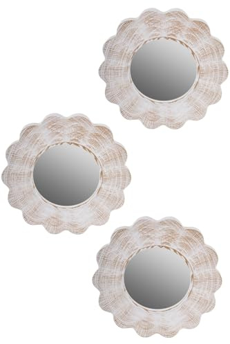 My Flair Wandspiegel Set rund - 3er Dekospiegel Weiß Gold, Ø 25 cm | Blütenrahmen mit Boho-Vintage-Optik, Kunststoff, inkl. Haken – für Wohnzimmer, Schlafzimmer & Flur