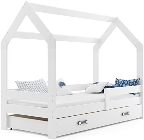 Interbeds Hausbett Kinderbett DOMEK 160x80cm aus Kiefernholz mit Lattenrost Matratze und Rausfallschutz komfortabel jugendbett (weiß + weiße Schublade)